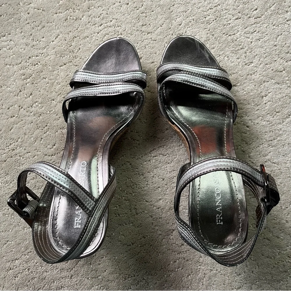 Franco Sarto Florina Cork Wedge Platform Sandals Silver Metallic Strappy 10M 🏷️